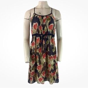 Anthropologie Sz 2 100% Silk Floral Print A-Line Dress Multicolor Belted